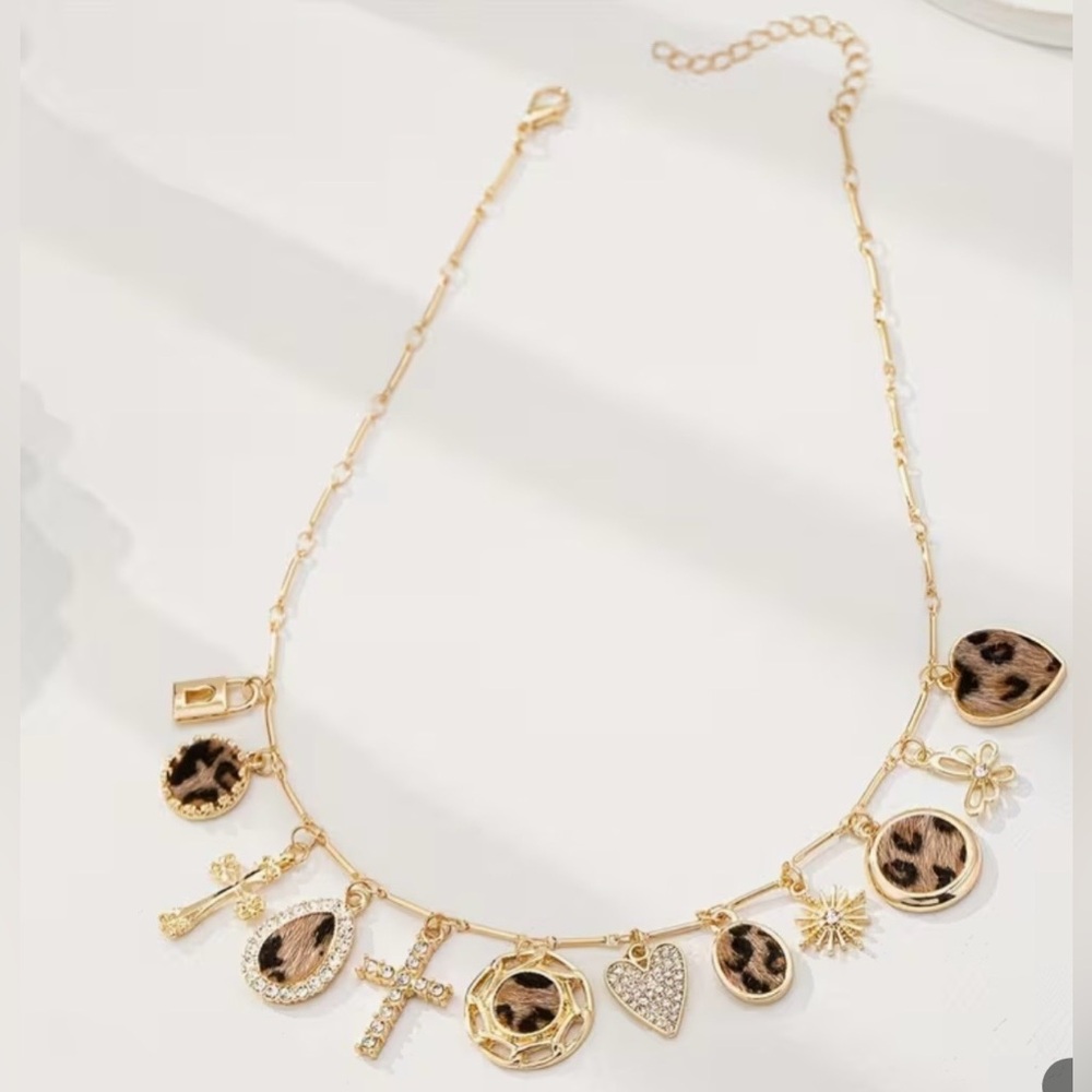 Gold and Leopard Print Charm Necklace - Picture 3 of 4